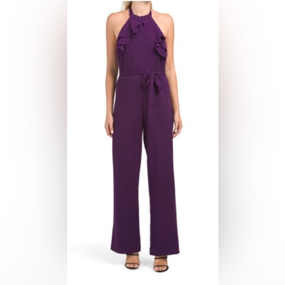 Bebe Women's Plum Ruffled Halter Jumpsuit size 12